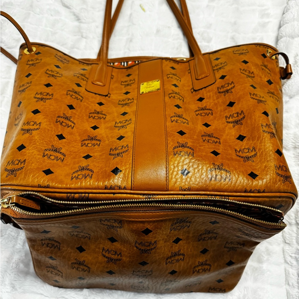 MCM Cognac Leather Tote with Logo Print